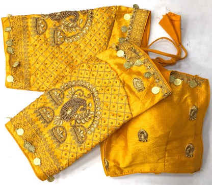 Yellow color silk codding work sarees blouse price
