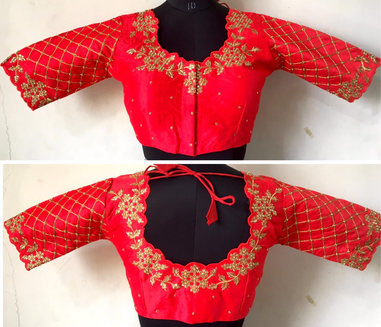 Red color silk hand work blouse for wedding