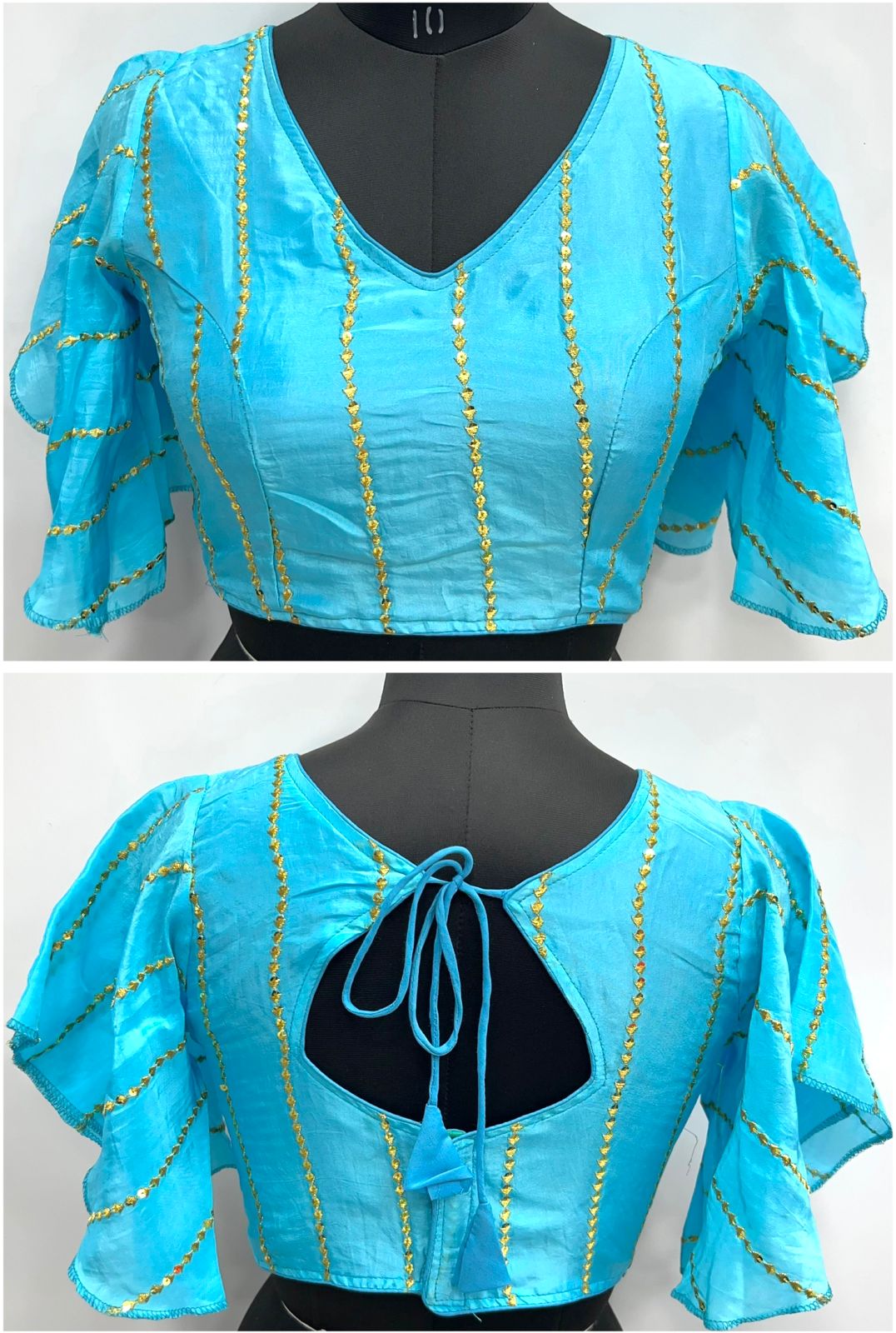 Sky color silk sequins work blouse for women 