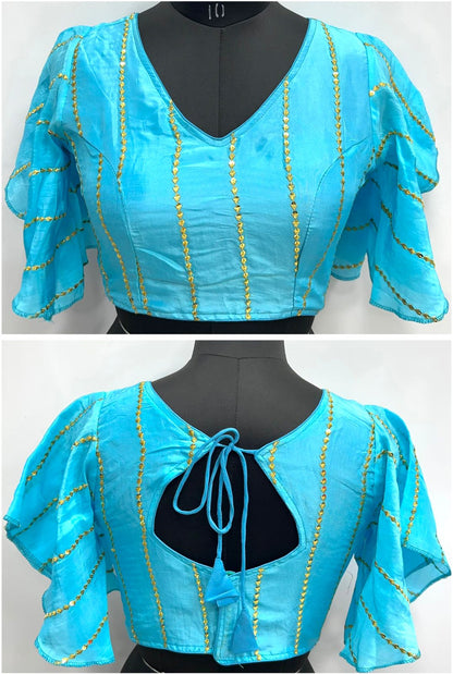 Sky color silk sequins work blouse for women 