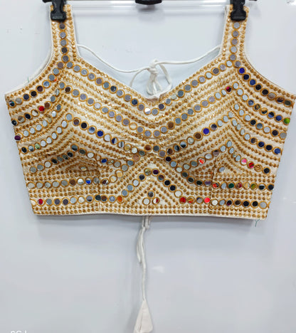 White color silk mirror work blouse for garba night