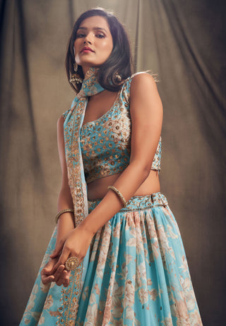 Ready to Wear Sky Blue Lengha Choli for Women Designer Ghagra