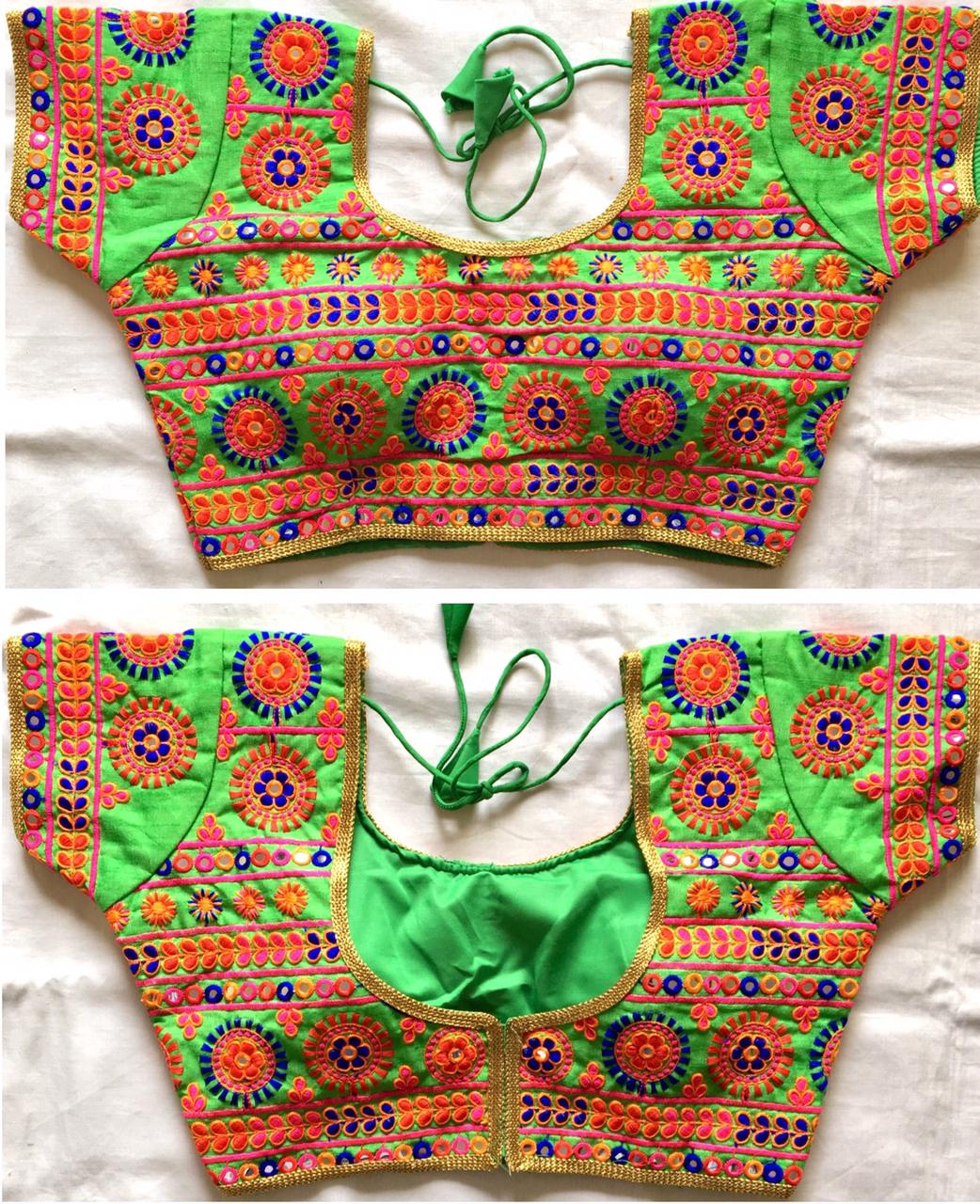 Parrot green color silk mirror work blouse