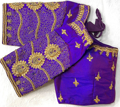 Purple color silk embroidery work blouse price