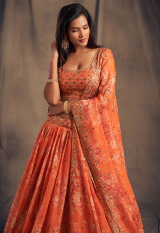 Orange Organza Printed Party Wear Lengha Choli For Women