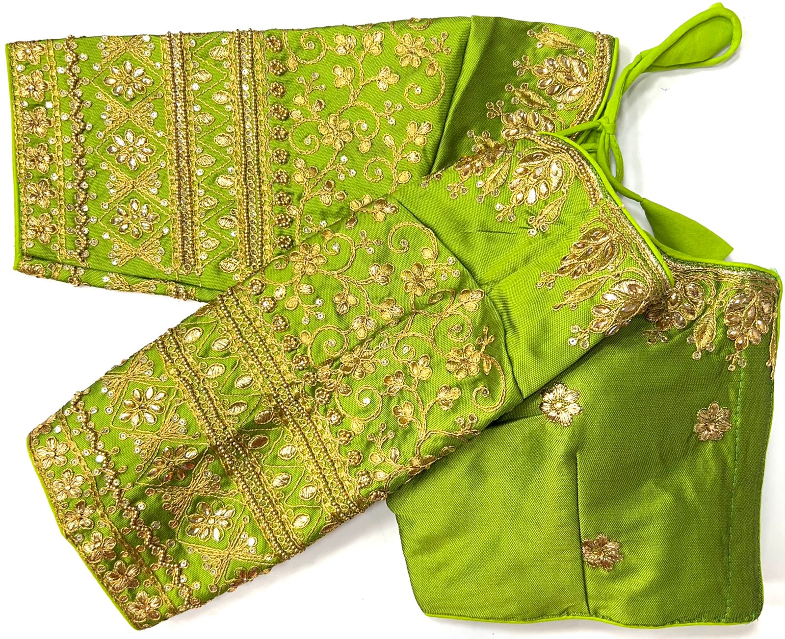 Parrot green color silk khatli work sarees blouse price