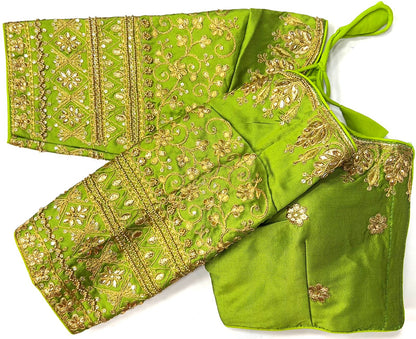 Parrot green color silk khatli work sarees blouse price