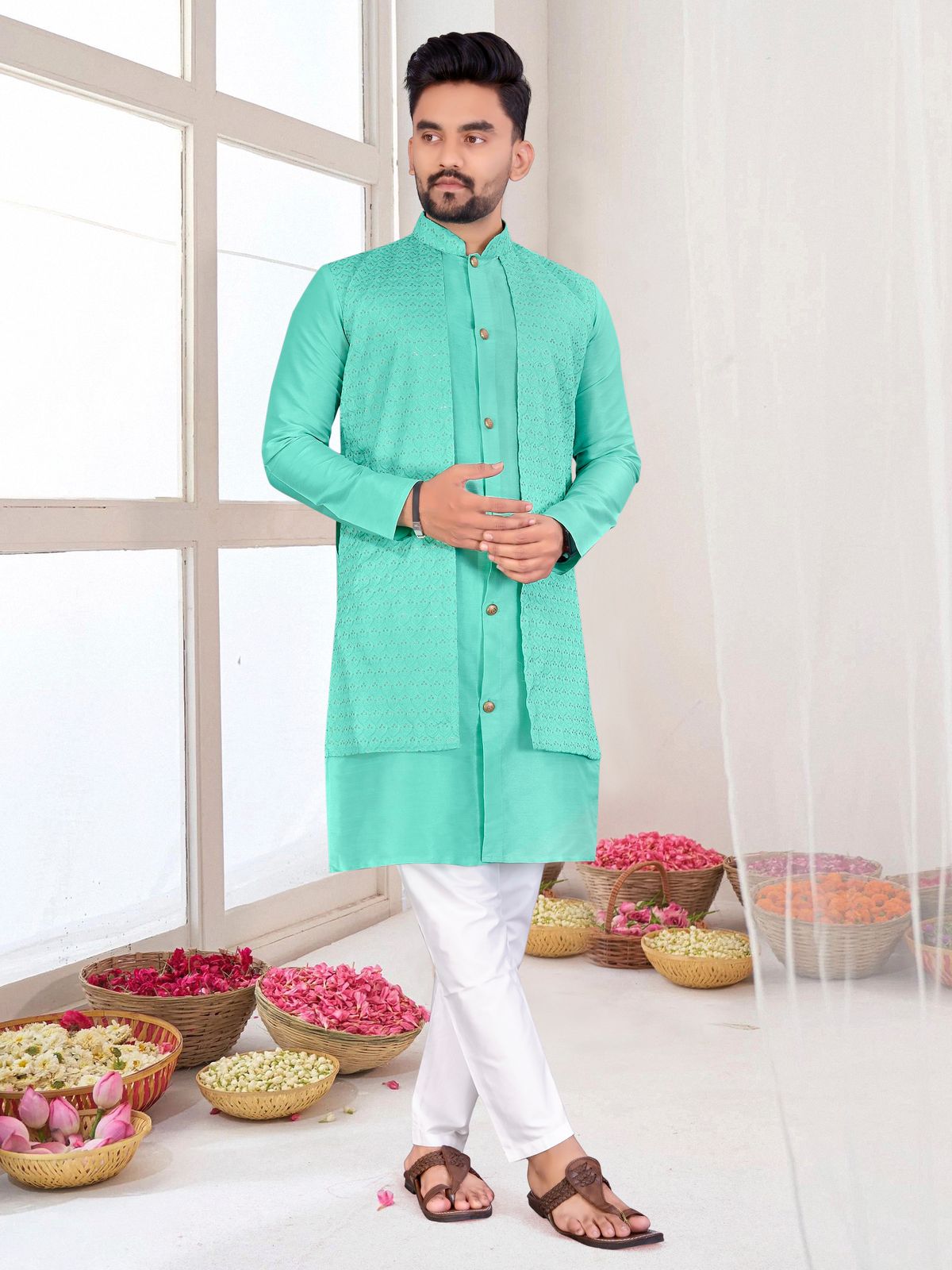Traditional Indian Wedding Wear Men's Indo Western Kurta Pajama