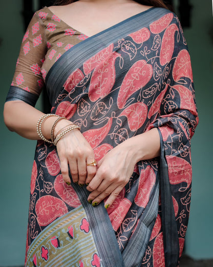 Grey color linen printed saree for wedding