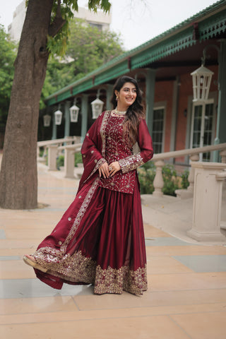 Maroon color rangoli silk sharara suit images