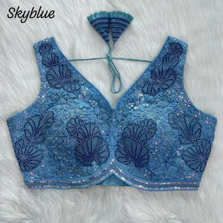 Unique Power Net Stitching Hand Work Sky Blue Blouse For Women