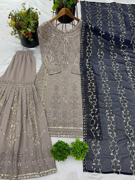 Beige color georgette sharara suit for women
