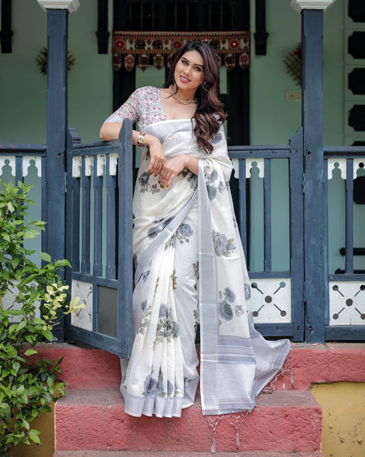 White color linen printed saree for women