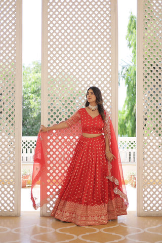 Jacquard Red Lehenga