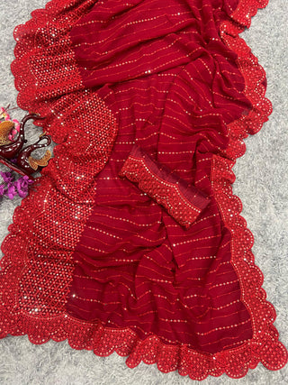 Red Georgette Sequins Saree For Women