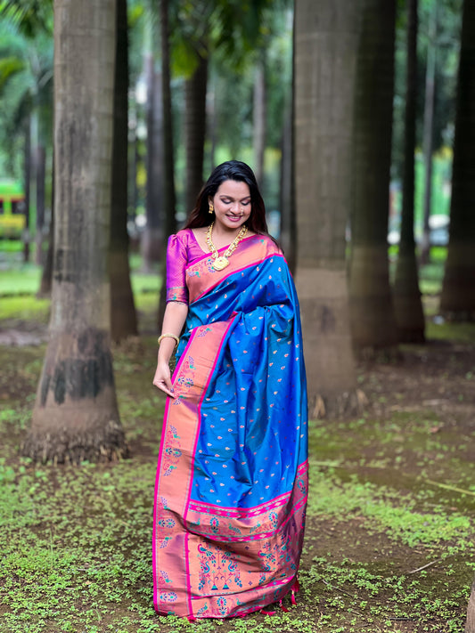 Blue color paithani silk saree for women price
