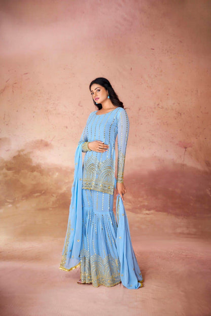 Sky georgette sharara suit with dupatta price