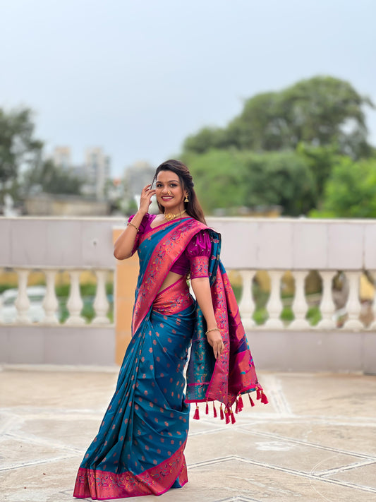 Teal blue color paithani silk saree for women online
