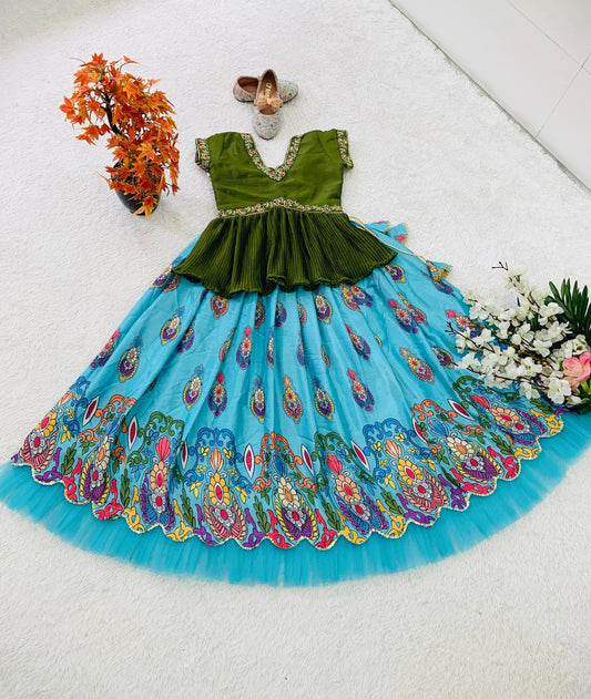 Attractive Sky Blue Color Chinon Silk Printed Girls Lehenga With Top