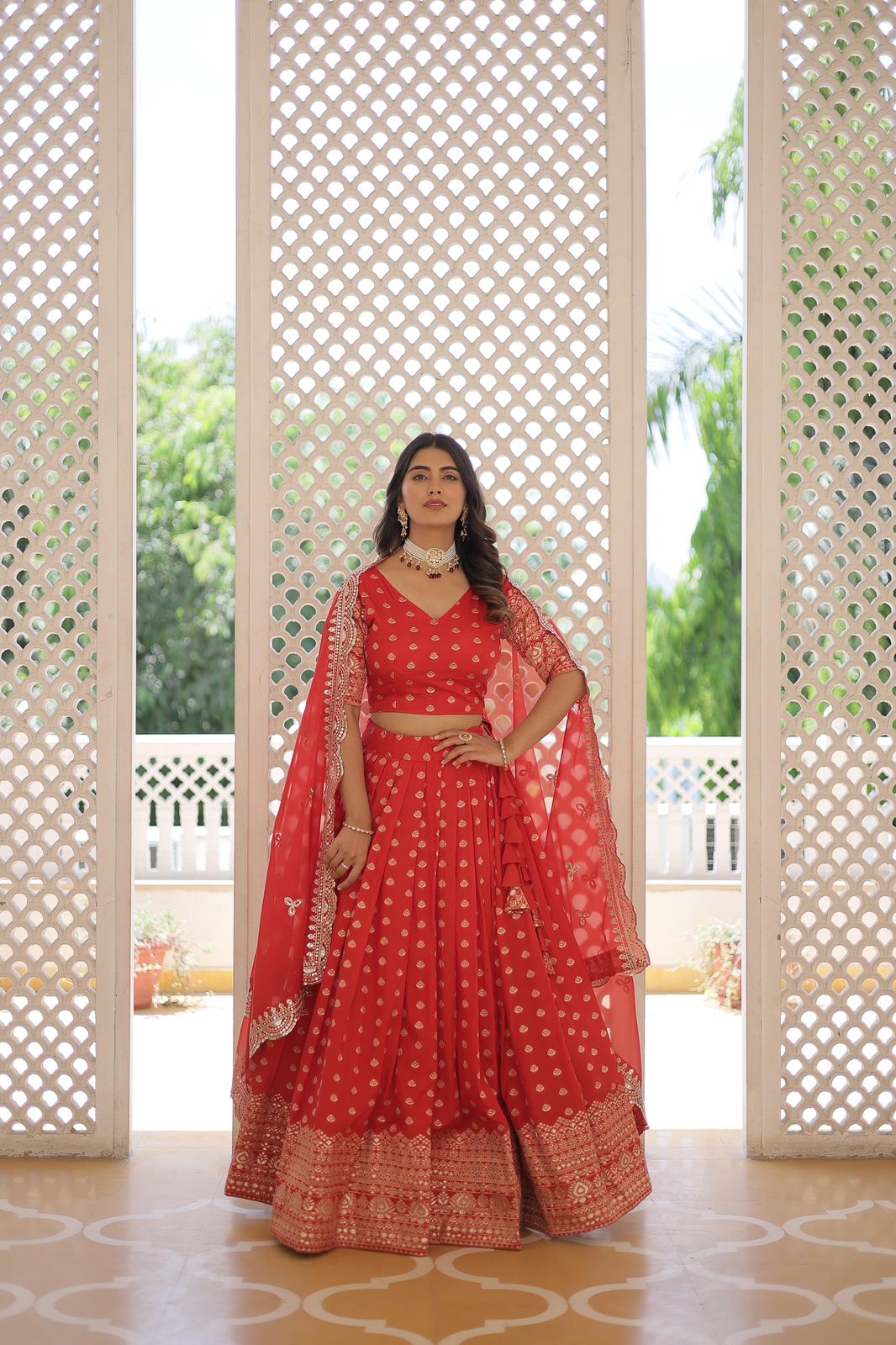 Jacquard red lehenga for wedding