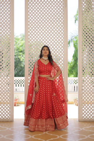 Jacquard red lehenga for wedding