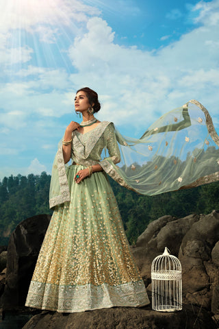 soft net green lehenga for wedding