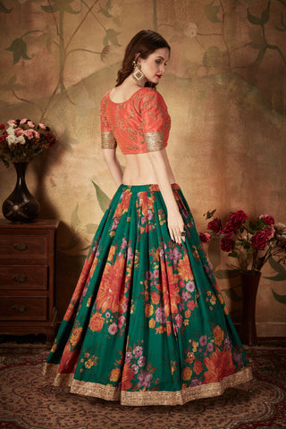 Organza and slub silk green and orange color lehenga choli online