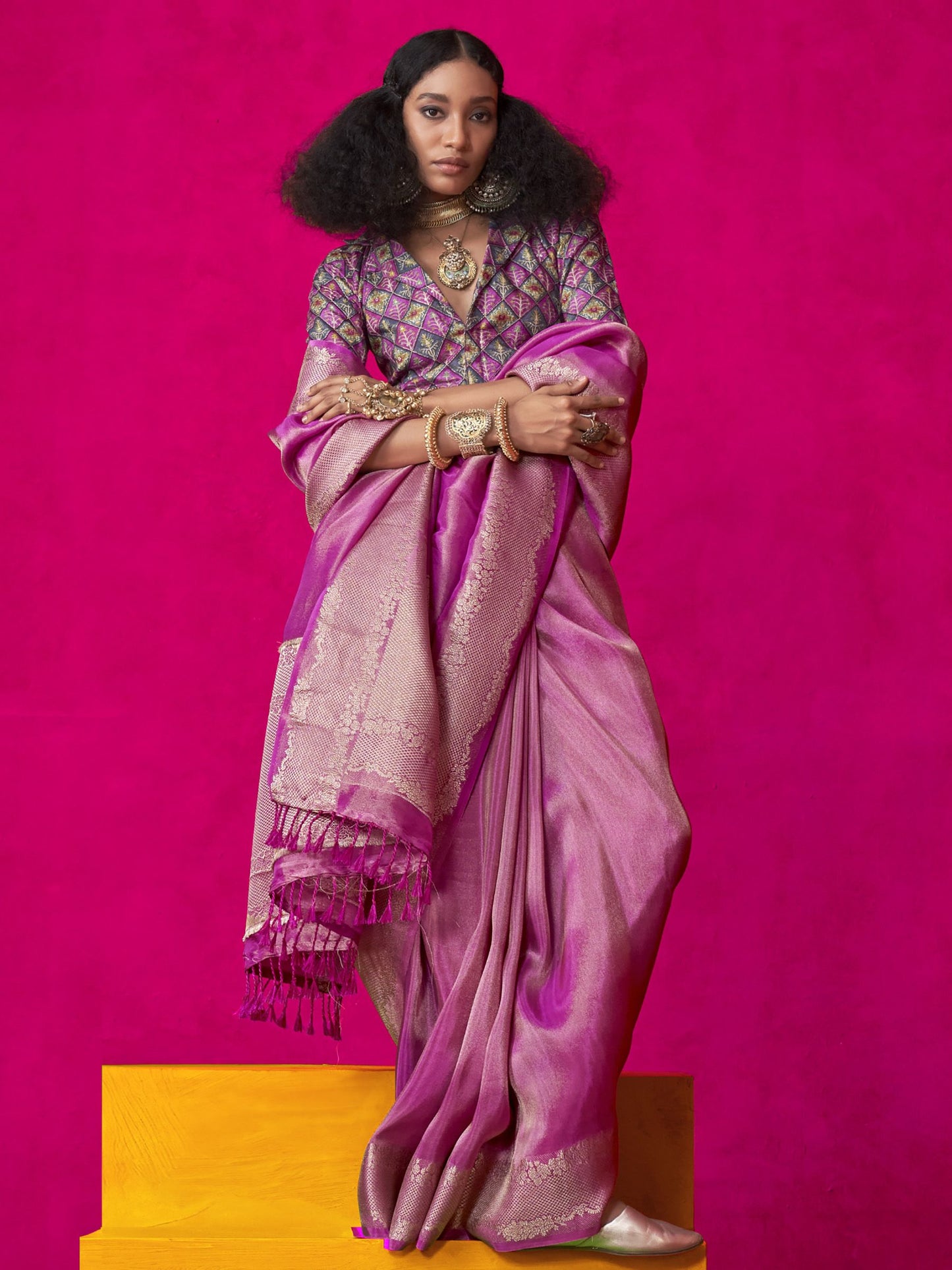 Pink color tissue silk saree for women