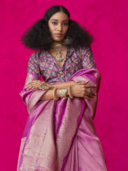 Pink color tissue silk saree with blouse price