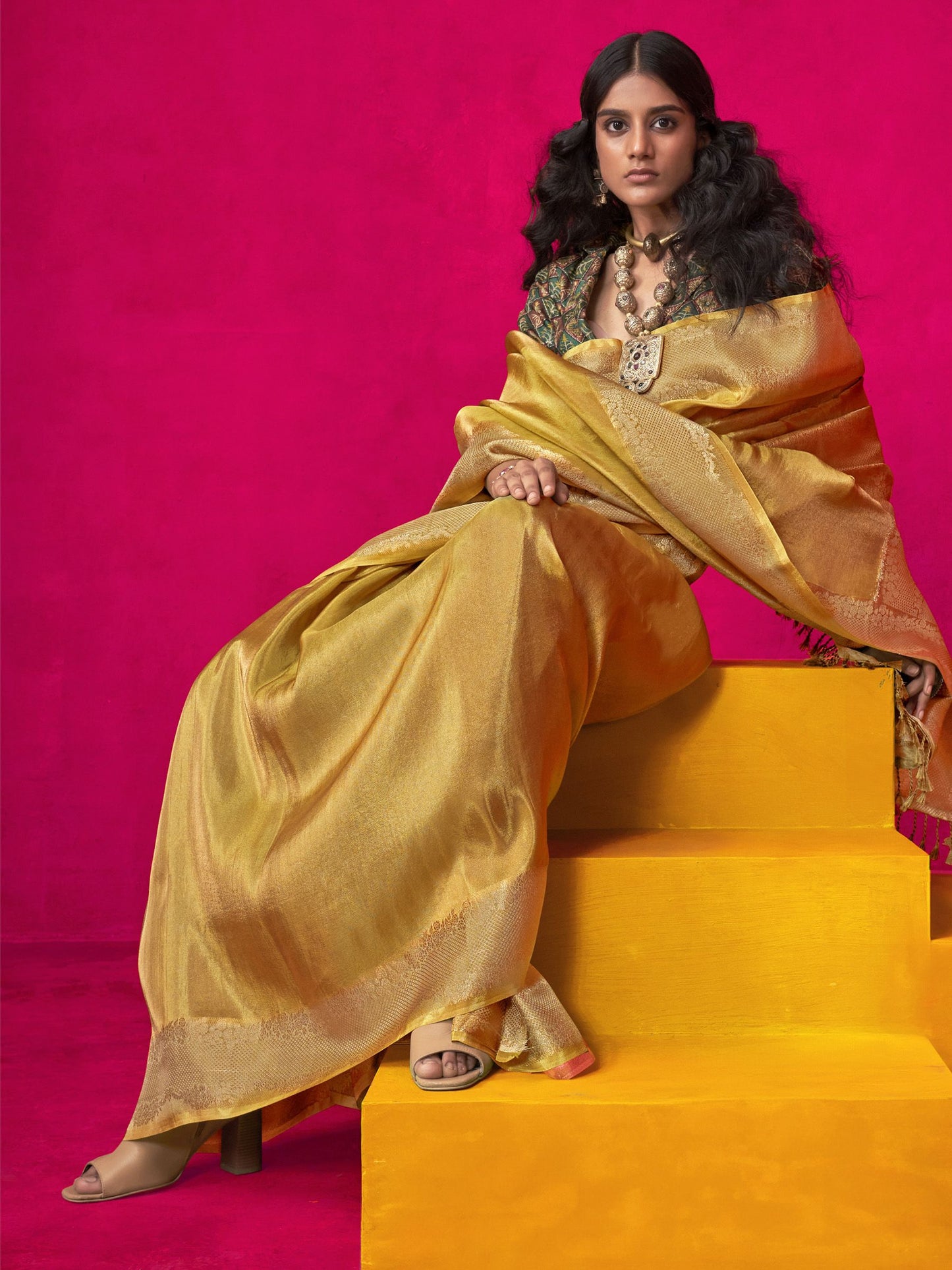 Mustard color tissue silk saree with blouse price