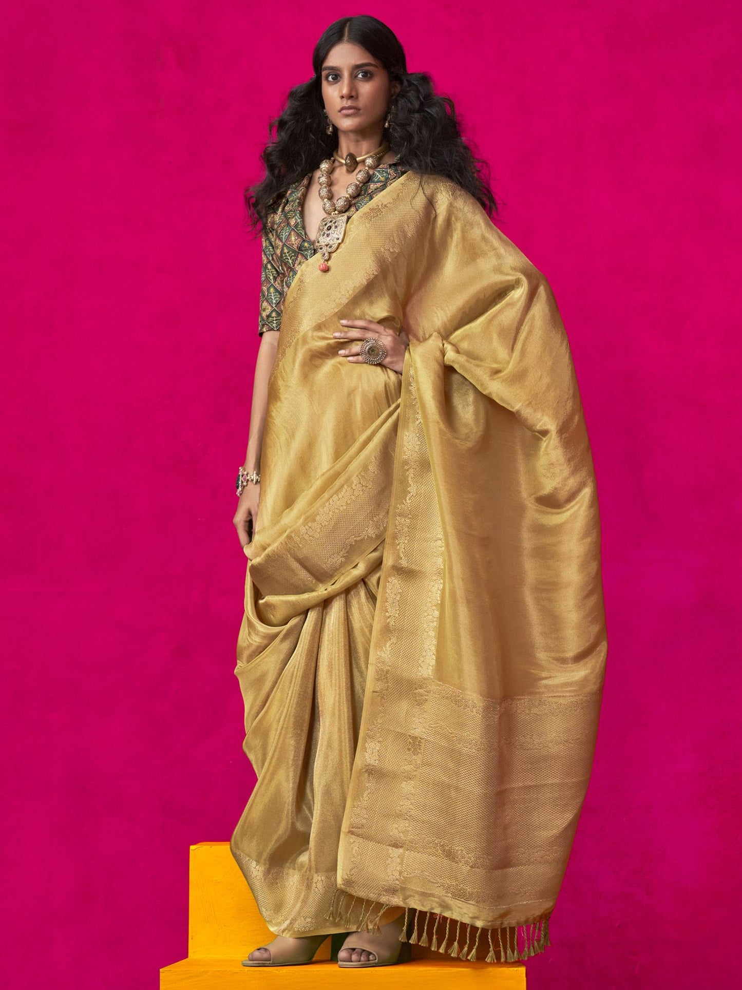 Mustard color tissue silk saree for women