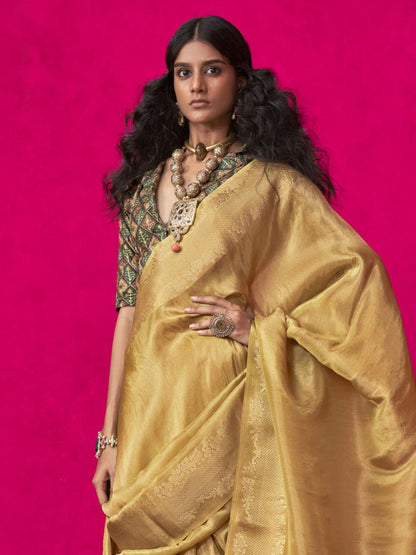 Mustard color tissue silk saree with blouse online