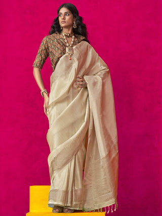Beige color tissue silk saree or women