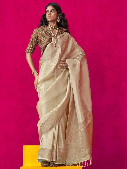 Beige color tissue silk saree or women