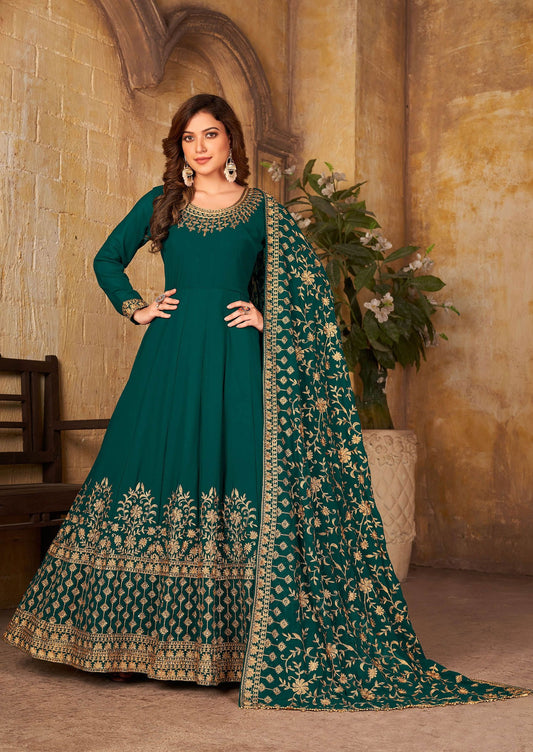 Teal green georgette long gown for women online