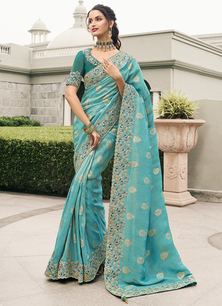 Rama color tissue silk saree for women online
