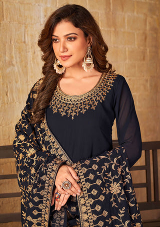 Navy Blue color embroidery work gown online