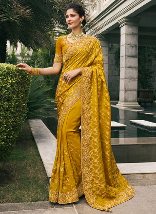 Mustard Color Designer Tissue Silk Haldi Ceremonies Saree With Blouse