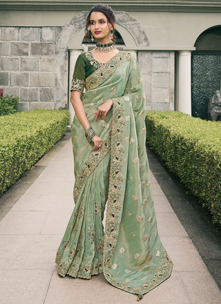 Exclusive Green Color Tissue Silk Trendy Bridesmaids Wedding Saree