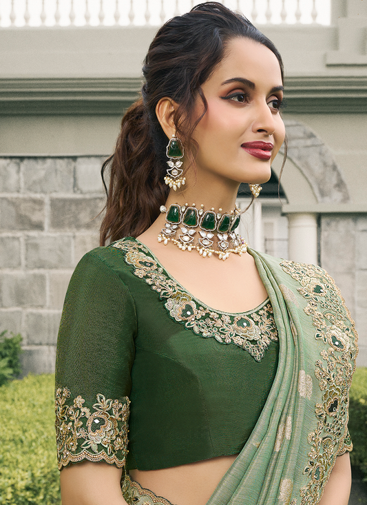 Exclusive Green Color Tissue Silk Trendy Bridesmaids Wedding Saree