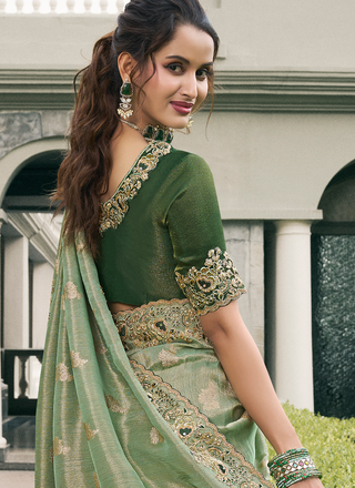 Exclusive Green Color Tissue Silk Trendy Bridesmaids Wedding Saree