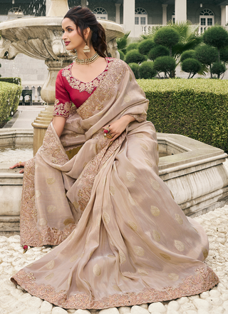 Beige color tissue silk saree for women online shopping
