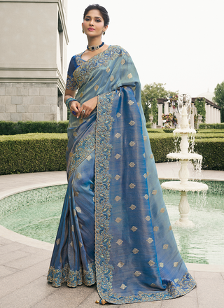 Pure blue color tissue silk saree for women
