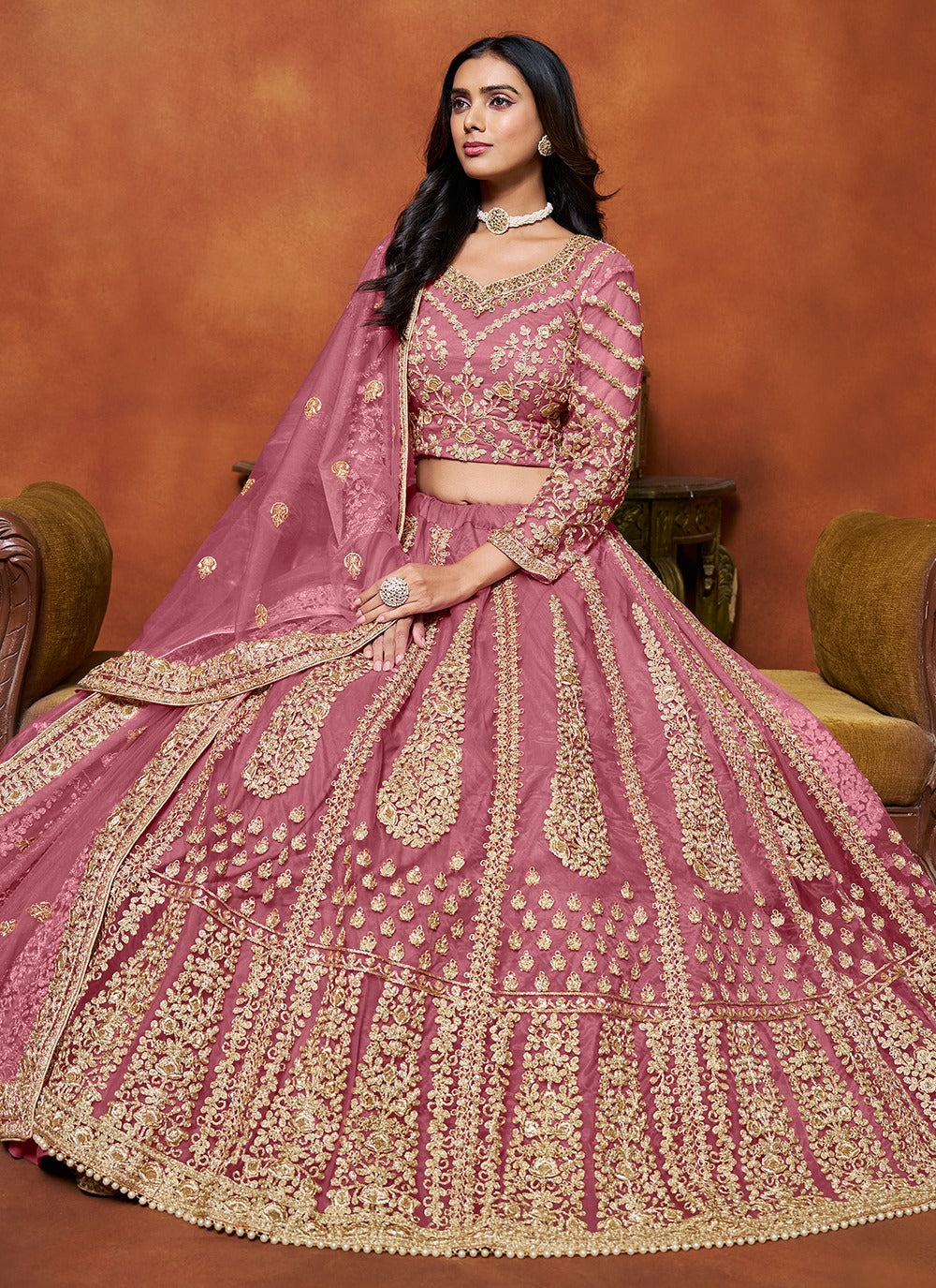 Light pink color net lehenga choli for women

