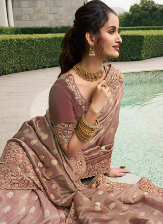 Brown Tissue Silk embroidery work Saree for wedding
