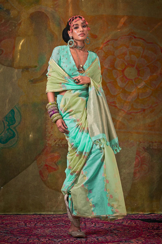 Rama Color handloom saree with blouse