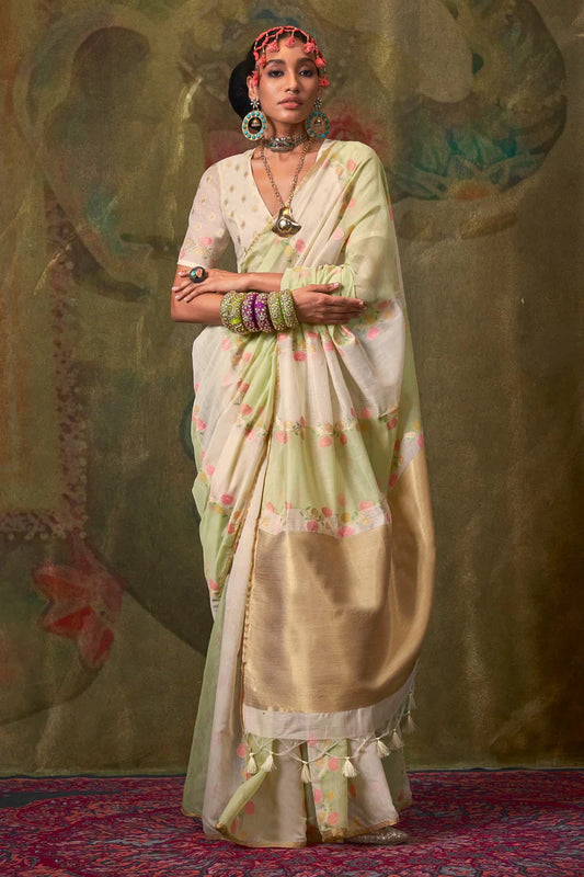 White color handloom weaving saree for women
