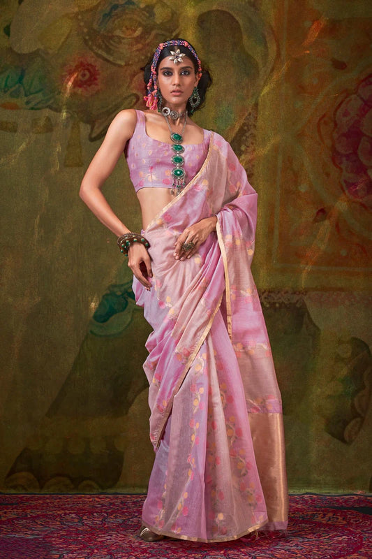 Pink color handloom weaving saree for women