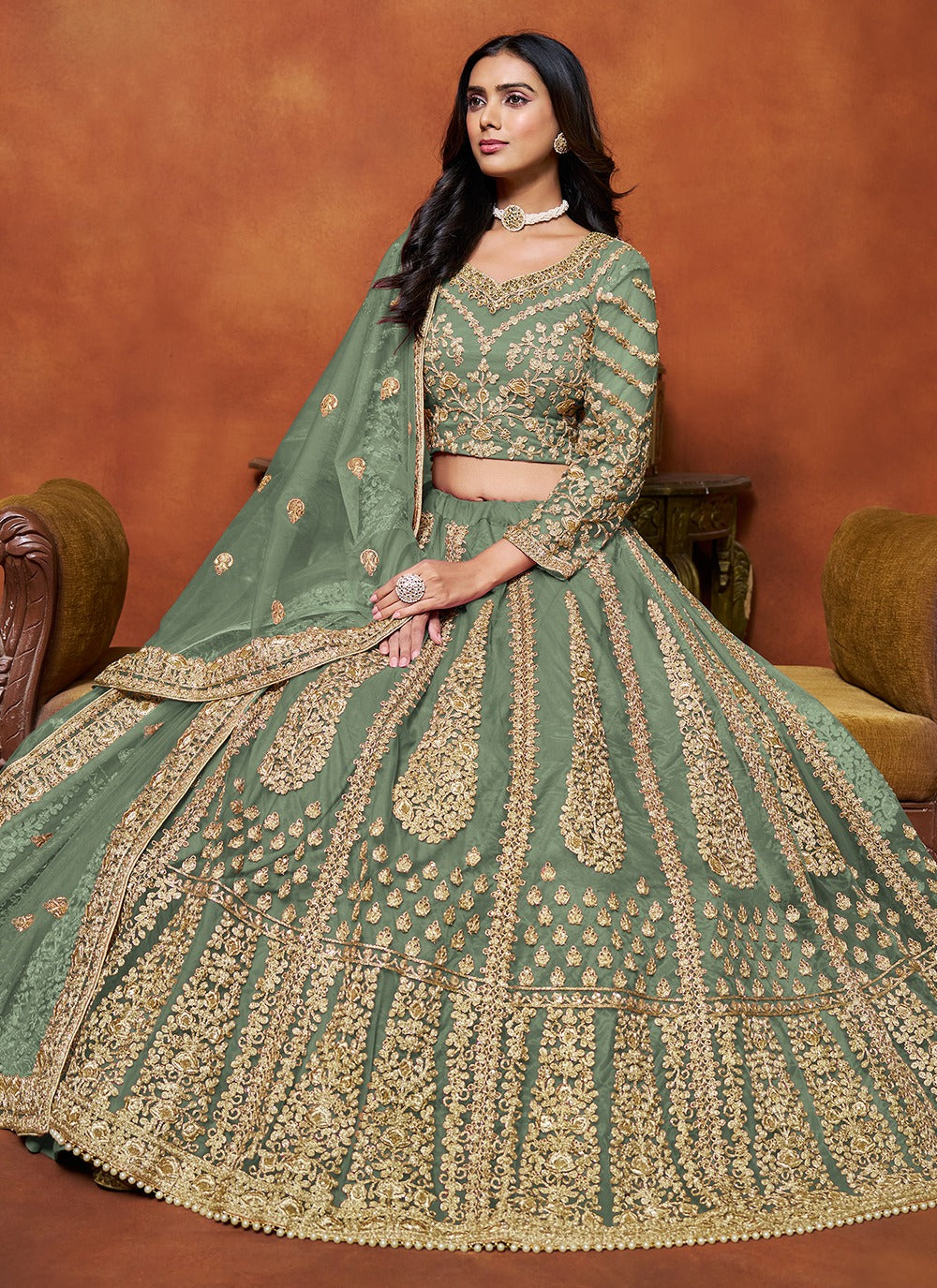 Green color net lehenga choli online shopping
