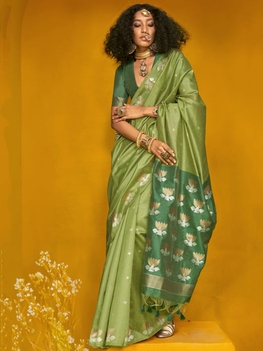 Green color tussar silk saree for women price
